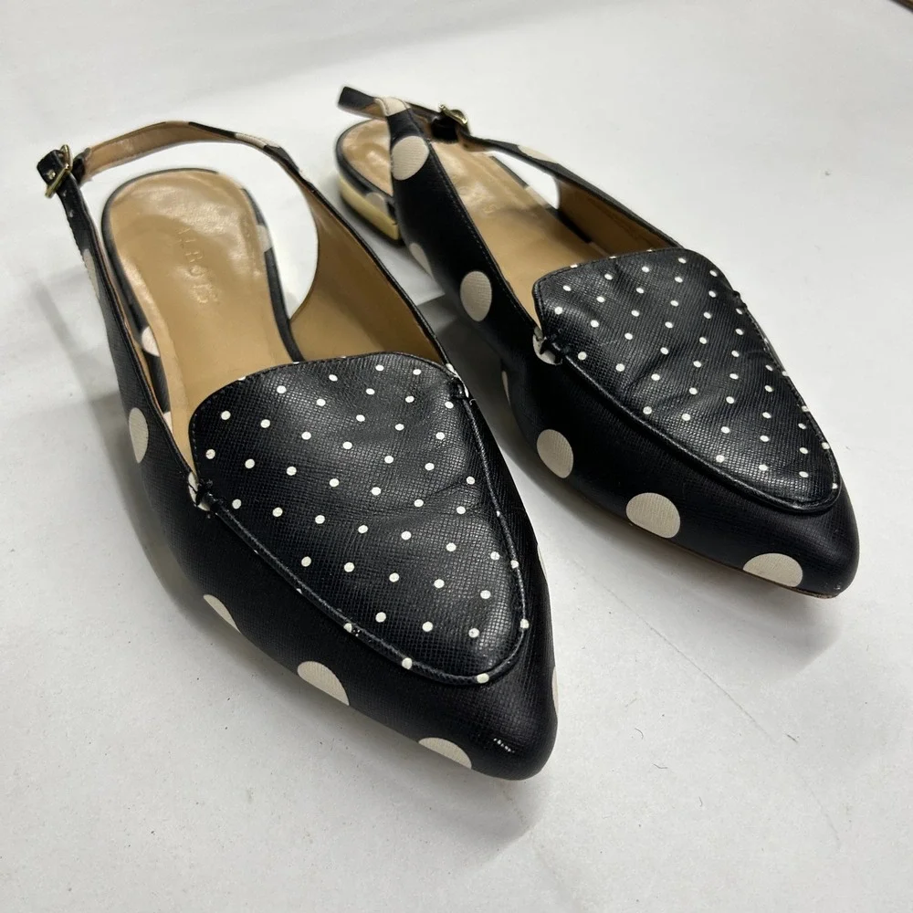 Talbots Polka Dot Pointed Toe Slingback Flats 8M Black White Gold Preppy Chic